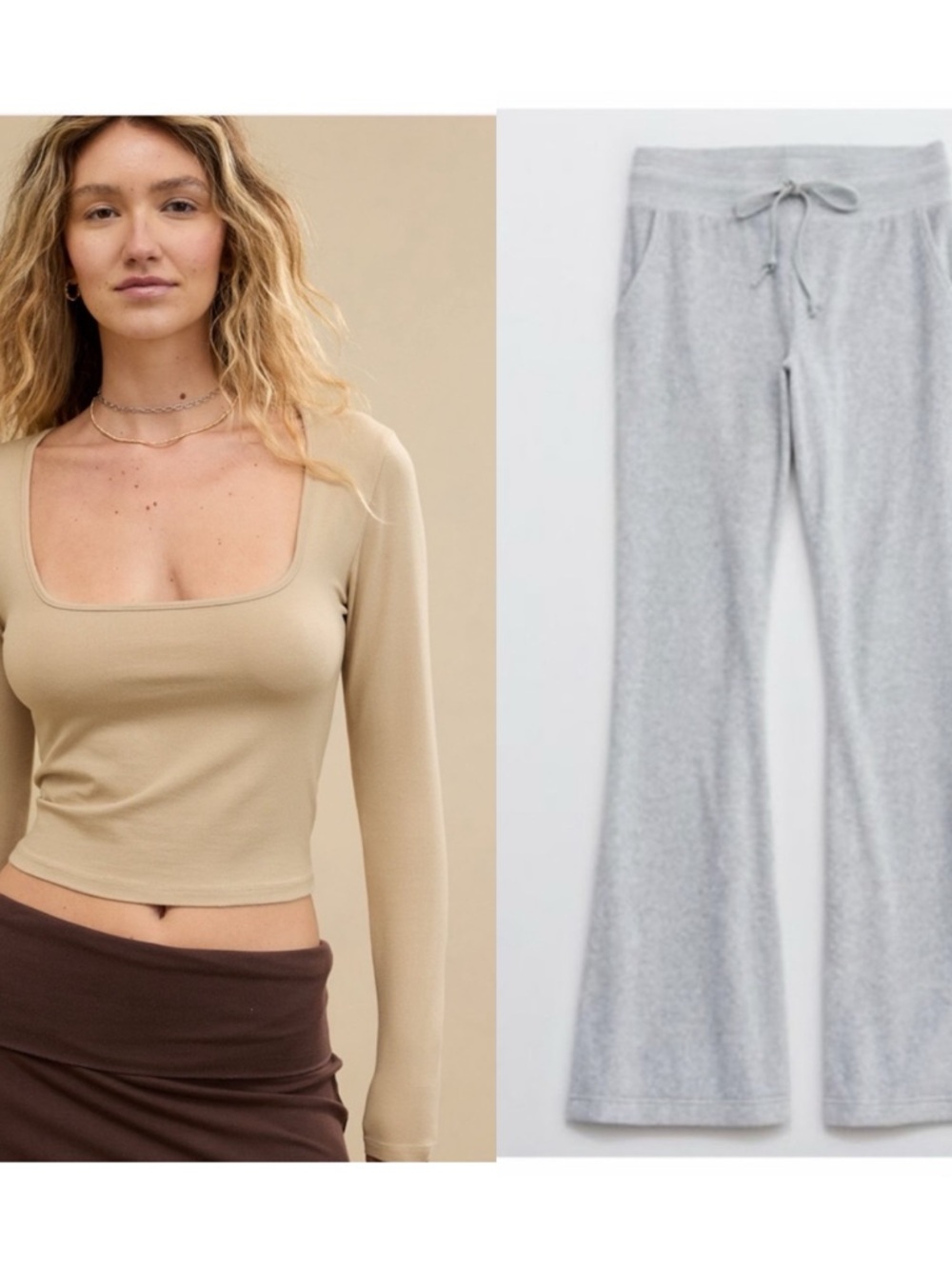 Aerie Bundle Velour Flare Pants Light Gray Tan Long Sleeve Square Neck Top Small